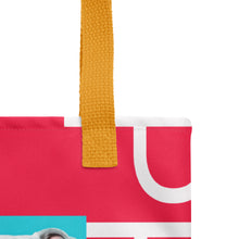 Load image into Gallery viewer, Colorful Pride Tote Bag | Yellow Handles | 15&quot; x 15&quot; | Close Up View | The Wishful Fish
