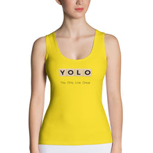 Load image into Gallery viewer, YOLO (You Only Live Once) Sublimation Cut &amp; Sew Tank Top | Yellow | Front View | Shop The Wishful Fish
