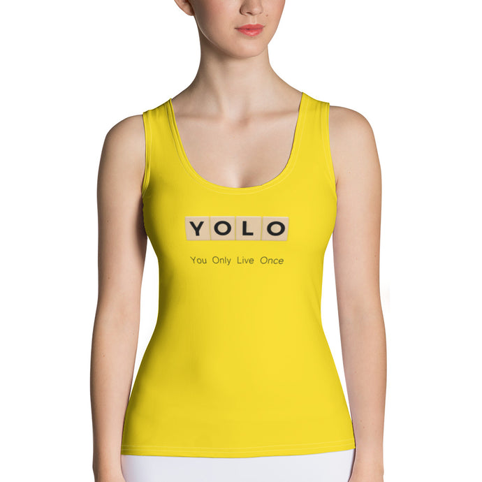 YOLO (You Only Live Once) Sublimation Cut & Sew Tank Top | Yellow | Front View | Shop The Wishful Fish