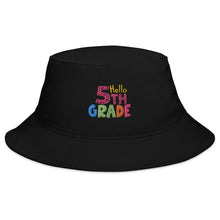 Load image into Gallery viewer, &quot;Hello Fifth Grade&quot; Unisex Bucket Hat One Size Fits All | Black | Front View | Shop The Wishful Fish
