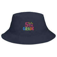 Load image into Gallery viewer, &quot;Hello Fifth Grade&quot; Unisex Bucket Hat One Size Fits All | Navy | Front View | Shop The Wishful Fish
