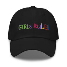 Load image into Gallery viewer, &quot;Girls Rule&quot; Baseball Cap | Black | One Size Fits All | Front View | Shop The Wishful Fish
