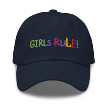 Load image into Gallery viewer, &quot;Girls Rule&quot; Baseball Cap | Navy | One Size Fits All | Front View | Shop The Wishful Fish
