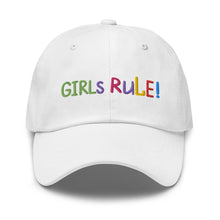 Load image into Gallery viewer, &quot;Girls Rule&quot; Baseball Cap | White | One Size Fits All | Front View | Shop The Wishful Fish

