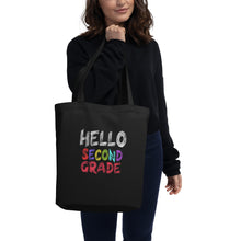 Load image into Gallery viewer, HELLO SECOND GRADE Eco Tote Bag For Teachers | Black | 16&quot; x 14.5&quot; | Front View Lifestyle Photo |Shop The Wishful Fish
