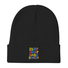 Load image into Gallery viewer, &quot;Enjoy Every Single Moment&quot; Embroidered Beanie | Black | Front View | Shop The Wishful Fish

