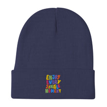 Load image into Gallery viewer, &quot;Enjoy Every Single Moment&quot; Embroidered Beanie | Navy | Front View | Shop The Wishful Fish

