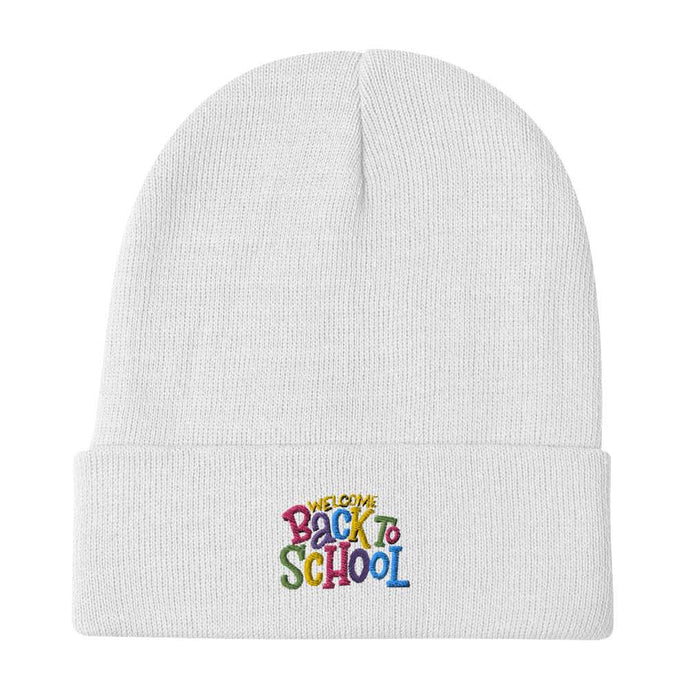 BACK TO SCHOOL Embroidered Beanie | White | Front View | Shop The Wishful Fish