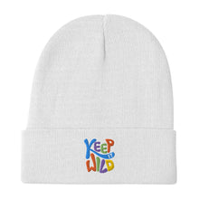 Load image into Gallery viewer, &quot;Keep It Wild&#39; Embroidered Beanie | One Size Fits All | White | Front View | Shop The Wishful Fish
