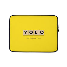 Load image into Gallery viewer, YOLO (You Only Live Once) Laptop Sleeve 13&quot; | Yellow | Front View | Shop The Wishful Fish
