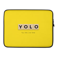 Load image into Gallery viewer, YOLO (You Only Live Once) Laptop Sleeve 15&quot; | Yellow | Front View | Shop The Wishful Fish
