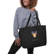 Load image into Gallery viewer, Zodiac Capricorn Large Tote Bag | Front &amp; Back View Lifestyle Photo | The Wishful Fish
