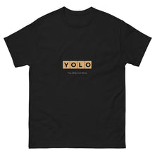 Load image into Gallery viewer, YOLO (You Only Live Once) Men&#39;s Classic T Shirt | Black | Front View | Shop The Wishful Fish

