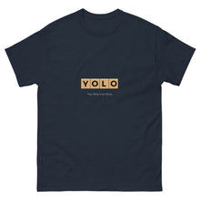 Load image into Gallery viewer, YOLO (You Only Live Once) Men&#39;s Classic T Shirt | Navy | Front View | Shop The Wishful Fish
