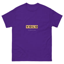 Load image into Gallery viewer, YOLO (You Only Live Once) Men&#39;s Classic T Shirt | Purple | Front View | Shop The Wishful Fish
