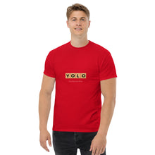 Load image into Gallery viewer, YOLO (You Only Live Once) Men&#39;s Classic T Shirt | Red | Front View Lifestyle Photo | Shop The Wishful Fish
