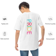 Load image into Gallery viewer, Colorful Pride Premium Heavyweight T Shirt | Back View &amp; Shirt Detail Chart | The Wishful Fish
