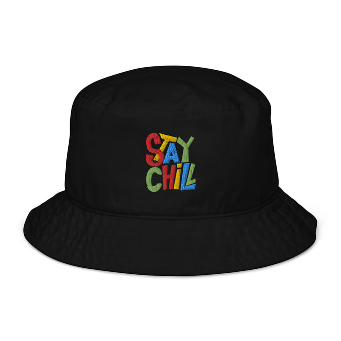 Stay Chill Organic Bucket Hat | Front View| Black | Black | Shop The Wishful Fish