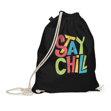Load image into Gallery viewer, Stay Chill Organic Cotton Drawstring Bag | Front View | Black | The Wishful Fish

