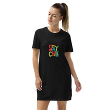 Load image into Gallery viewer, Stay Chill Organic Cotton T Shirt Dress | Sizes XS-XL | Front View Lifestyle | Black | Shop The Wishful Fish
