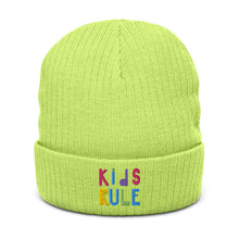 Load image into Gallery viewer, &quot;Kids Rule&quot; Ribbed Knit Beanie | Acid Green | Front View | Shop The Wishful Fish
