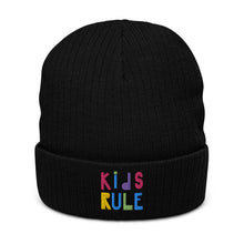 Load image into Gallery viewer, &quot;Kids Rule&quot; Ribbed Knit Beanie | Black | Front View | Shop The Wishful Fish
