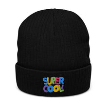 Load image into Gallery viewer, &quot;Super Cool&quot; Ribbed Knit Beanie Hat | Black | Front View | Shop The Wishful Fish
