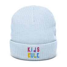 Load image into Gallery viewer, &quot;Kids Rule&quot; Ribbed Knit Beanie | Light Blue | Front View | Shop The Wishful Fish
