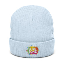 Load image into Gallery viewer, &quot;Kids Zone&quot; Ribbed Knit Beanie | Light Blue | One Size Fits All | Front View | Shop The Wishful Fish
