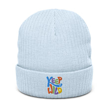 Load image into Gallery viewer, &quot;Keep It Wild&quot; Ribbed Knit Beanie | Blue | One Size Fits All | Front View | Shop The Wishful Fish
