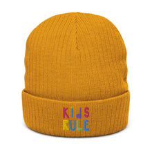 Load image into Gallery viewer, &quot;Kids Rule&quot; Ribbed Knit Beanie | Mustard | Front View | Shop The Wishful Fish

