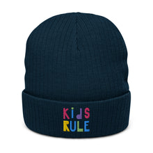 Load image into Gallery viewer, &quot;Kids Rule&quot; Ribbed Knit Beanie | Navy | Front View | Shop The Wishful Fish
