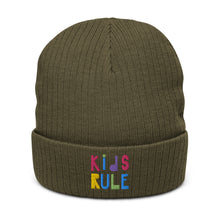 Load image into Gallery viewer, &quot;Kids Rule&quot; Ribbed Knit Beanie | Olive | Front View | Shop The Wishful Fish
