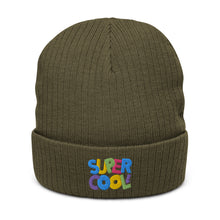 Load image into Gallery viewer, &quot;Super Cool&quot; Ribbed Knit Beanie Hat | Olive | Front View | Shop The Wishful Fish
