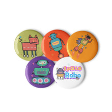 Load image into Gallery viewer, Space Robots Set of 5 Pin Buttons (SET 2) | Front View | The Wishful Fish
