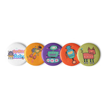 Load image into Gallery viewer, Space Robots Set of 5 Pin Buttons (SET 2) | Front View | The Wishful Fish

