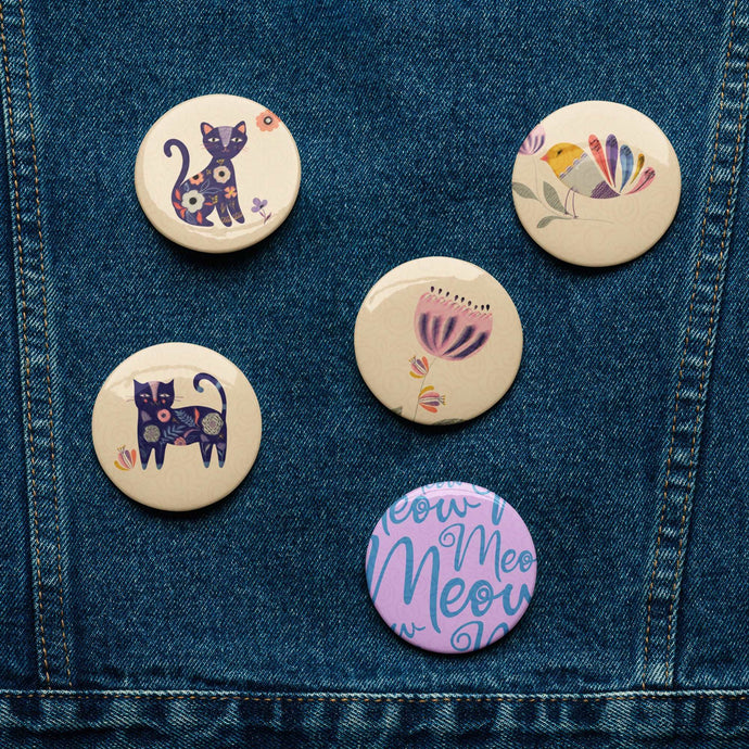 Artsy Cat Set of 5 Pin Buttons | 2.25 x 2.25 | Lifestyle Photo | The Wishful Fish