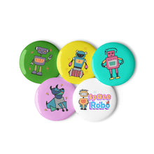 Load image into Gallery viewer, Space Robots Set of 5 Pin Buttons | Front View | SET 1 | 2.25&quot; x 2.25&quot; | The Wishful Fish
