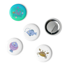 Load image into Gallery viewer, Underwater Sea Creatures Set of 5 Pin Buttons | Front &amp; Back View | The Wishful Fish | 2.25&quot; x 2.25&quot;
