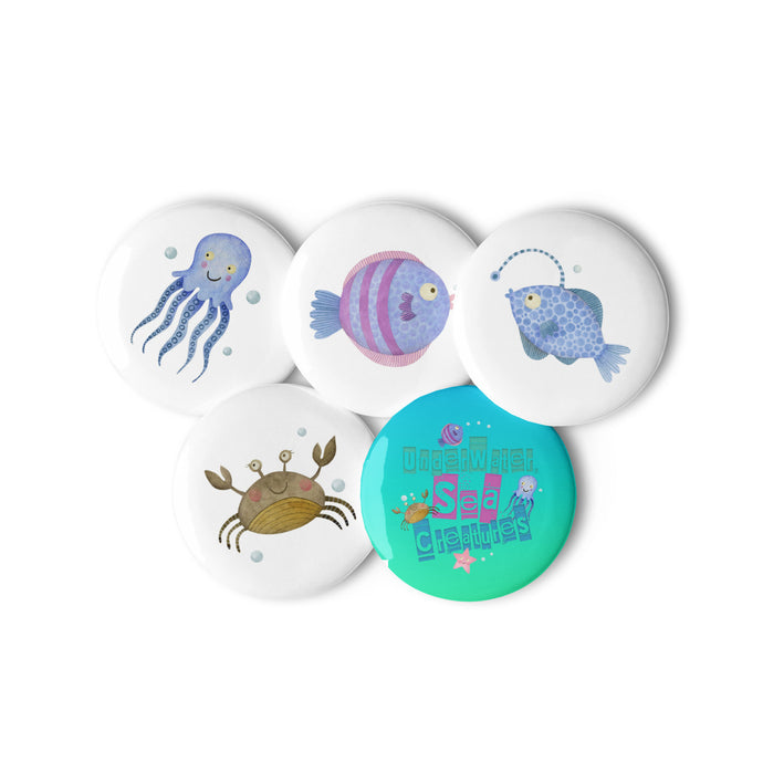 Underwater Sea Creatures Set of 5 Pin Buttons | Front View | The Wishful Fish | 2.25