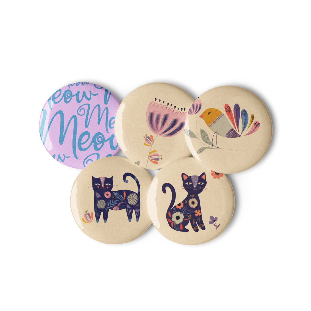 Artsy Cat Set of 5 Pin Buttons | 2.25 x 2.25 | Front View | The Wishful Fish