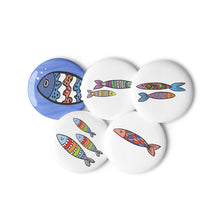 Load image into Gallery viewer, Fun Fishy Set of 5 Pin Buttons | 2.25&quot; x 2.25&quot; | Front View | The Wishful Fish
