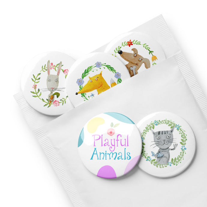 Playful Animals Set of 5 Pin Buttons | Front View | 2.25
