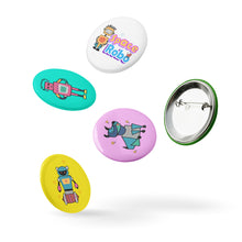 Load image into Gallery viewer, Space Robots Set of 5 Pin Buttons | Side View and Back of One Pin Button  | SET 1 | 2.25&quot; x 2.25&quot; | The Wishful Fish
