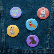 Load image into Gallery viewer, Good Dog Set of 5 Pin Buttons | 2.25&quot; x 2.25&quot; | Front View | Lifestyle | The Wishful Fish Shop
