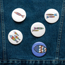 Load image into Gallery viewer, Fun Fishy Set of 5 Pin Buttons | 2.25&quot; x 2.25&quot; | Front View Lifestyle Photo | The Wishful Fish

