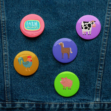 Load image into Gallery viewer, Farm Animals Set Of 5 Pin Buttons (SET 1) | 2.25&quot; x 2.25&quot; | Front View Lifestyle | Shop The Wishful Fish 

