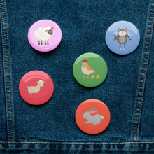 Load image into Gallery viewer, Farm Animals Set of 5 Pin Button (SET 2) | 2.25&quot; x 2.25&quot; | Front View Lifestyle Photo | Shop The Wishful Fish
