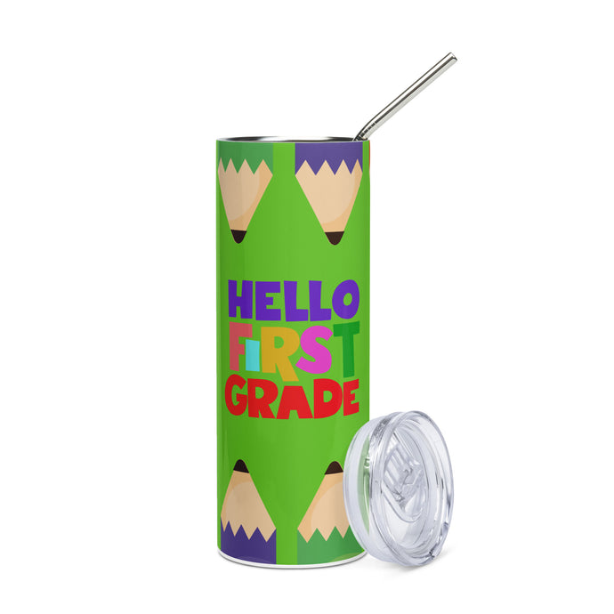 HELLO FIRST GRADE Stainless Steel Tumbler For Teachers | Front View | 20 oz | Shop The Wishful Fish