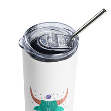 Load image into Gallery viewer, Zodiac Taurus Stainless Steel Tumbler | 20 oz | Close Up View of Top and Straw | The Wishful Fish
